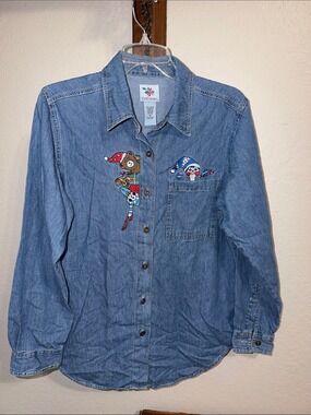 Vintage Christmas Toys Embroidered Denim Shirt Cottagecore Teacher Teddy Bear